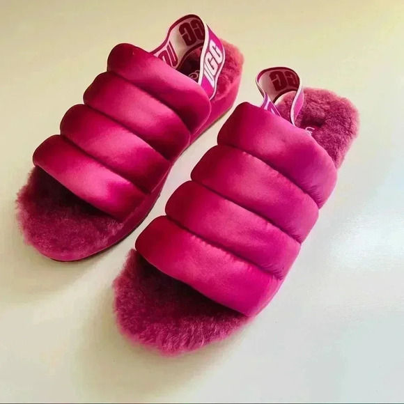 New Ugg Puff Yeah Slingback Fuchsia Satin Puffer Slippers - Picture 3 of 10